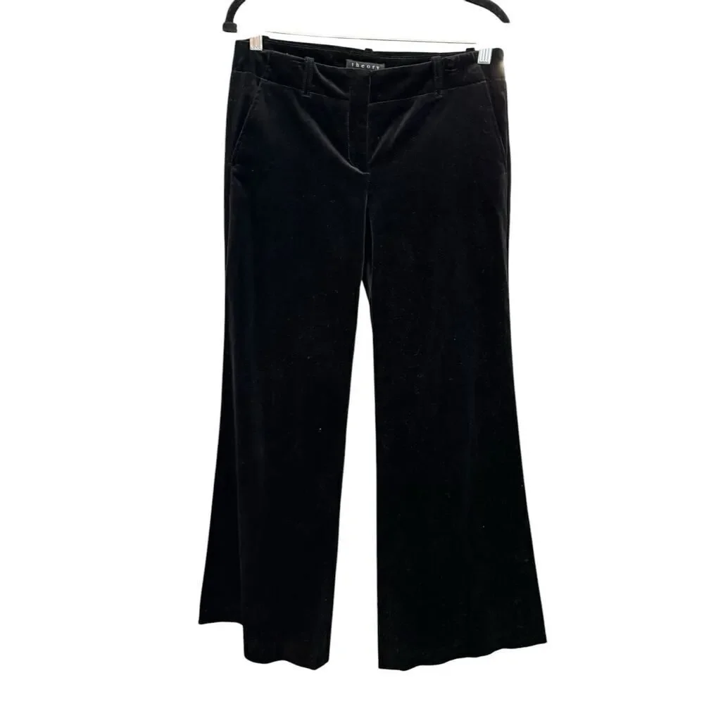 Theory Women’s Black Velvet Low Rise Wide Leg Pleated Pants Size 6